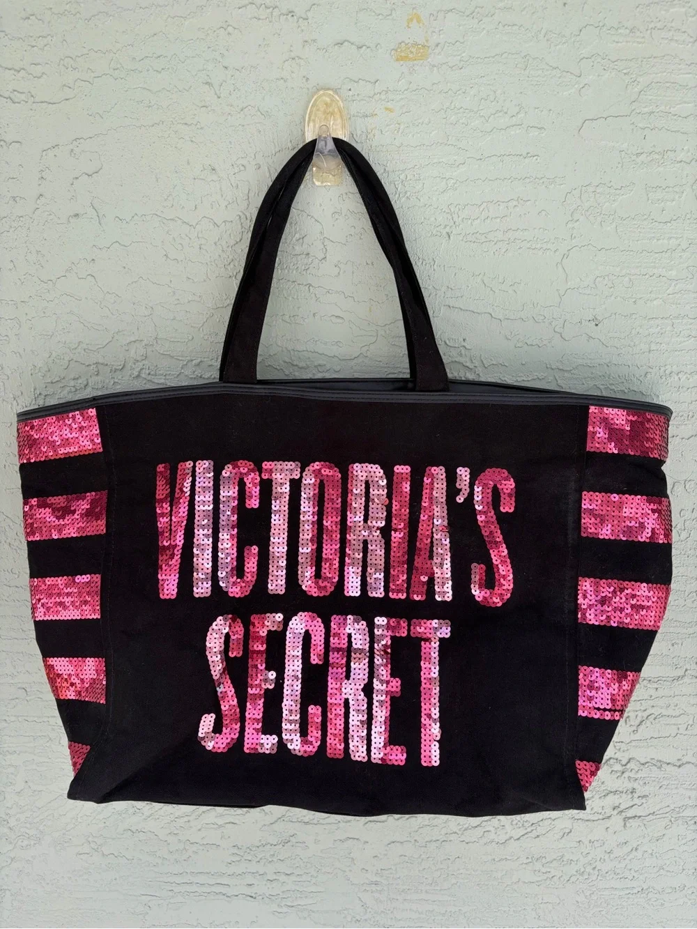Victoria's Secret Black Tote with Pink Sequin Logo and Stripes